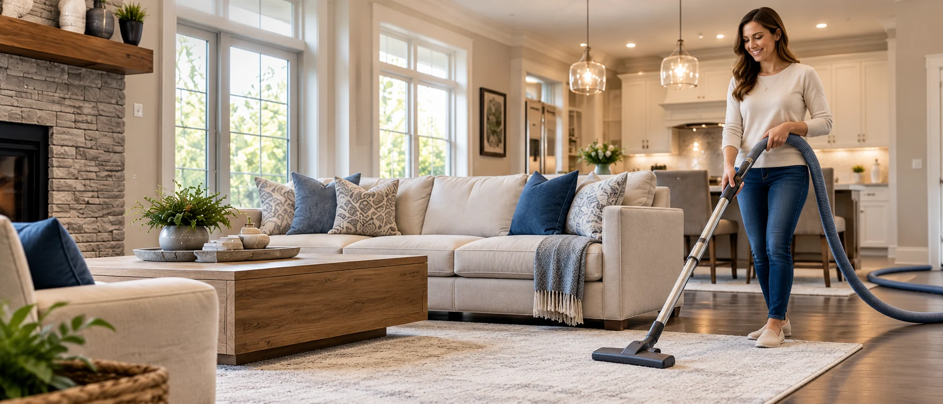 Homeowner using a traditional central vacuum in a bright living room